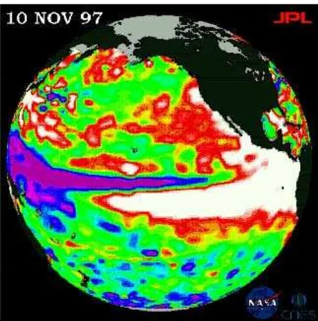 Figure 3. This image of the Paciic Ocean shows conditions during the 1997 El Niño based on measure-ments from the U.S.-French TOPEX/ Poseidon satel-lite