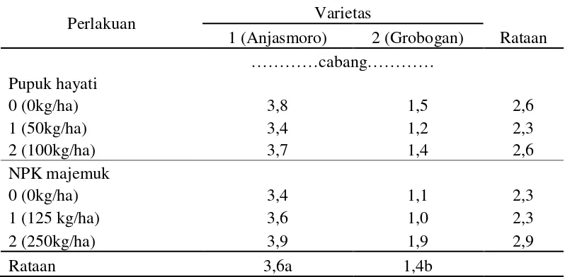 Tabel 5. Rataan jumlah cabang produktif (cabang) pada varietas dan pupuk hayati serta pupuk NPK majemuk 