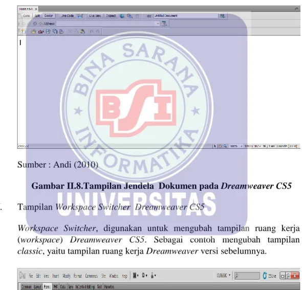 Gambar II.7.Tampilan Toolbar Document pada Dreamweaver CS5  5.  Tampilan Jendela Dokumen  Dreamweaver CS5 