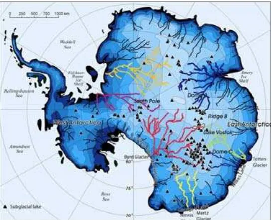 Figure 1. Triangles show locations of known Antarctic subglacial lakes and predicted major drainage routings