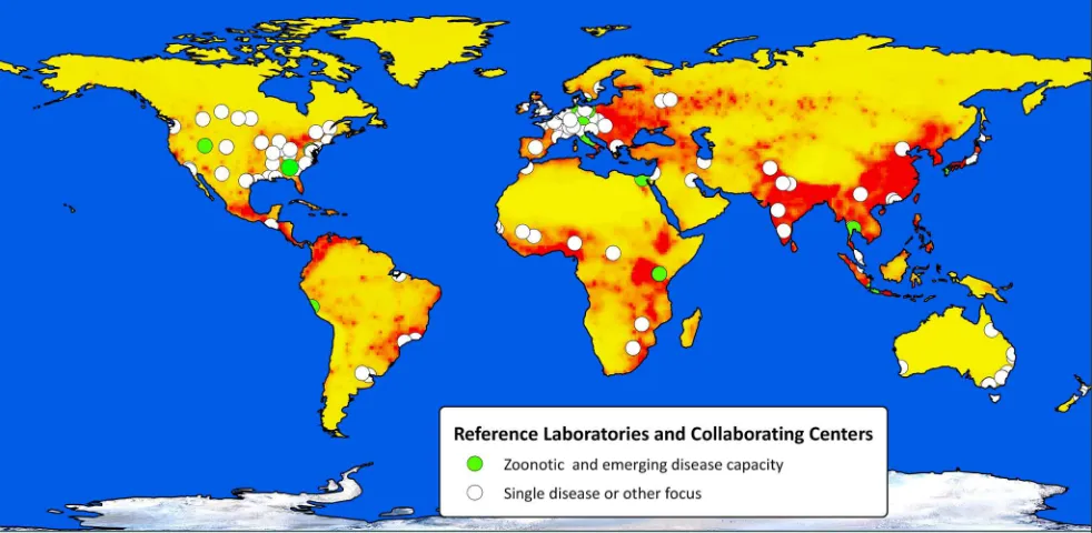 Figure 1: Zoonotic Disease Hotspots And Selected Reference Laboratories By Location. Hotspot locations, shaded in red and orange, show that existing zoonotic disease diagnostic capacity is poorly matched to where it is most needed.