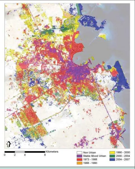 Figure 3. This map of urban growth in Doha, Qatar, from 1973-2007 illustrates the trend of increasing urbanization occurring in mid-sized cities around the world