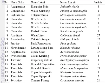 Tabel 5  Jenis dan jumlah individu burung yang ditemukan di tegakan agathis 