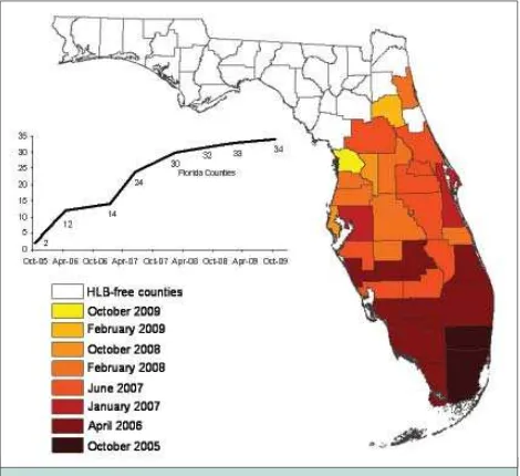 Figure 3. Distribution of citrus greening disease in Florida from October 2005 to October 2009