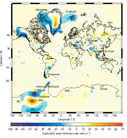 Figure 2 Average global transport of mass in the Earth’s system, including estimates of the atmospheric mass in thickness of water equivalent.SOURCE:  Wu et al., 2010