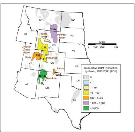 Figure 2. Map of western coal bed methane basins within the six states that are considered in this report