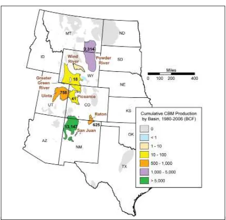 Figure 2. Map of western coal bed methane basins within the six states that are considered in this report