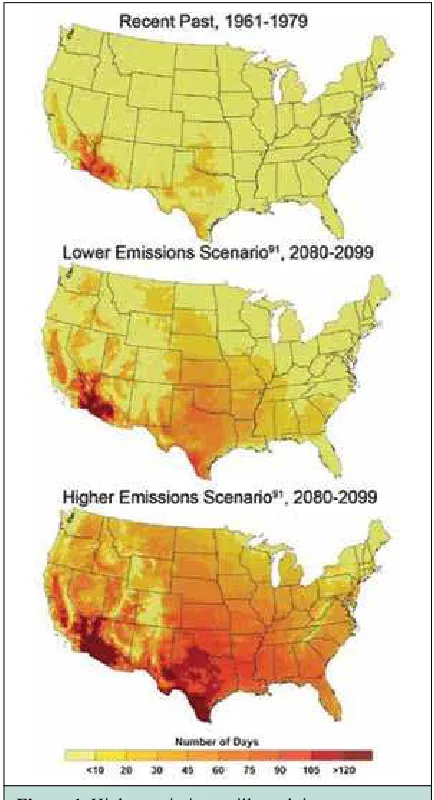 Figure 1. Higher emissions will result in more severe impacts. Models compare the number of days per year projected to exceed 100ºF by the end of the century under a higher and lower emissions scenario.Source: U.S