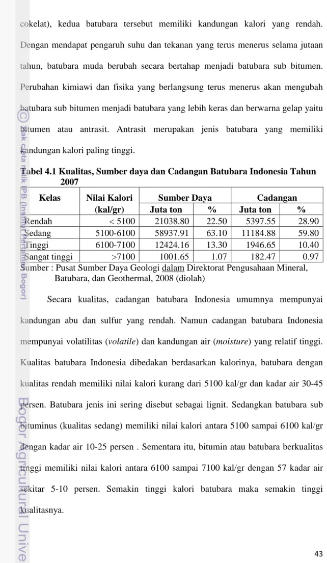 Tabel 4.1 Kualitas, Sumber daya dan Cadangan Batubara Indonesia Tahun    2007 