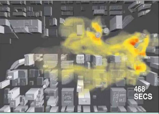 Figure 2. Simulation of a contaminant cloud in Chicago. Urban models like the FAST3DCT can simulate how a contaminant cloud moves within a city with street-level resolution