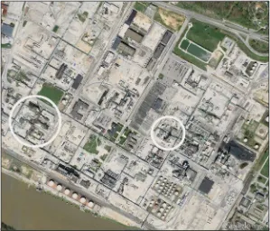 Figure 2. The Bayer CropScience Facility. The circle on the left marks the location of the MIC production unit, and the circle on the right marks the methomyl production unit, site of the MIC aboveground storage container.Google Earth satellite image: © 2012 Google
