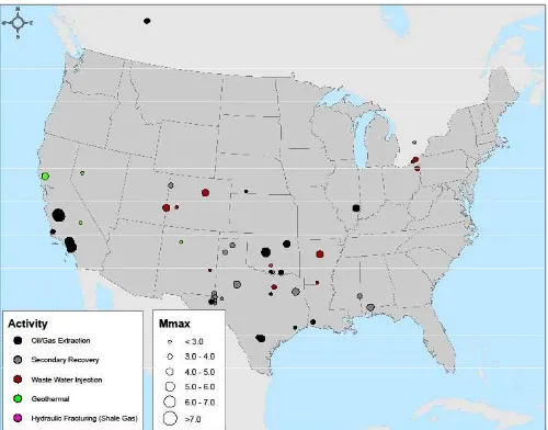 Figure 1. Sites in the United States and Canada with documented reports of seismicity caused by or likely related to energy development from various energy technologies