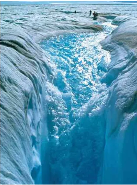 FIGURE 2. FLOWING MELTWATER ON THE SURFACE OF THE GREENLAND ICE SHEET, THE IMPACT OF CLIMATE CHANGE ON HYDROLOGIC PROCESSES.Some of this water goes into the ice sheet through features called moulins, eventually reaching the bottom, where it may promote mor