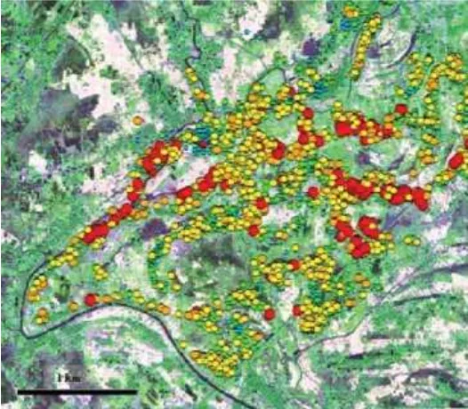 FIGURE 4. ARSENIC CONTAMINATION IN THE GROUNDWATER OF THE FLOODPLAINS OF CENTRAL BANGLADESH.Symbols are graduated in size and color to indicate higher arsenic concentration, which varies because of complex relationships among hydrologic low paths, sediment