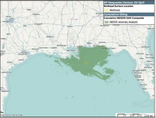 Figure 1. The cumulative spatial extent of the Deepwater Horizon oil spill at the surface of the water in the Northern Gulf of Mexico (green shading), and the location of the Macondo wellhead (yellow shading).Source: NOAA