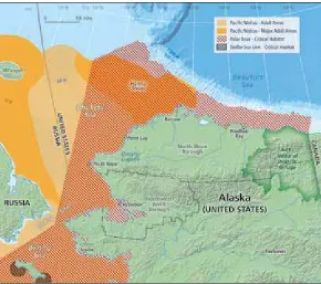 Figure 3.  Gathering benchmark data on populations of Arctic ish, birds, and marine mammals is crucial to understanding how these populations might change in the event of an oil spill. This map shows the distribution of walrus, sea lions, and polar bears in U.S. Arctic waters. Data from the Arctic Environmental Response Management Application (ERMA), attributed to Audubon Alaska (Paciic walrus), NOAA (Stellar sea lion), and U.S. Fish and Wildlife Service (Polar bear).