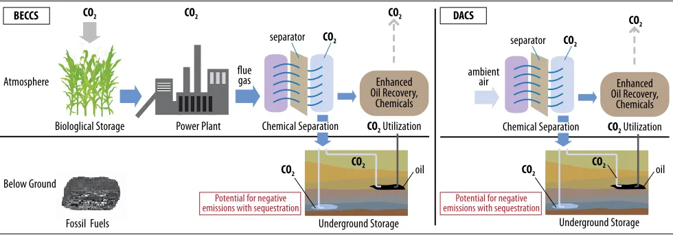 Figure 1. In Bioenergy with Carbon Capture and Sequestration (BECCS, shown on left), crops such as corn or switchgrass take up carbon dioxide from the atmosphere as they grow
