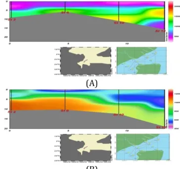 Gambar 10. Sebaran melintang Total Suspended Solid (mg/l) perairan muara  sungai Banyuasin (A) saat pasang ; (B) saat surut 