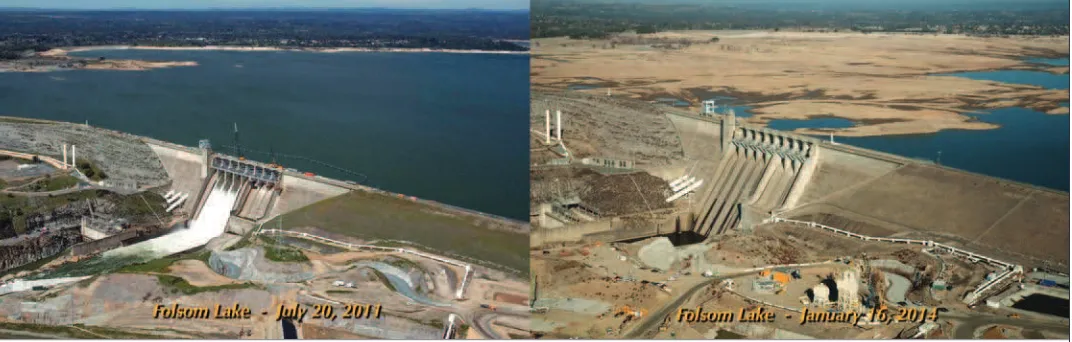 figure 1. The impacts of a recent drought at Folsom Lake, California, which was at 97 percent capacity in July 2011 (17 percent capacity in January 2014 (left), and at right)