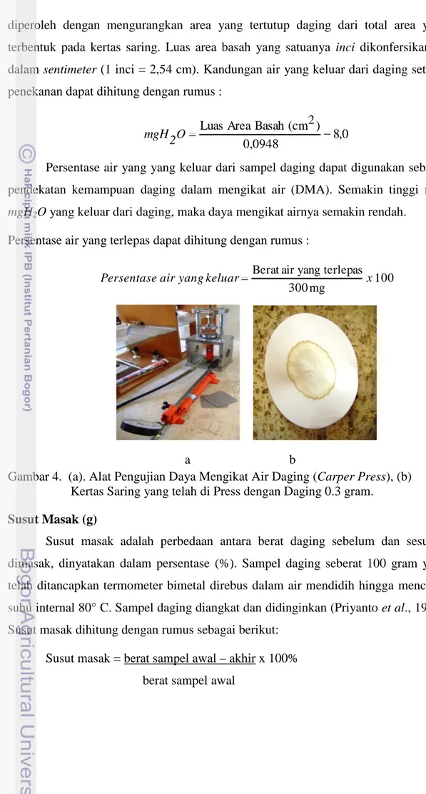 Gambar 4.  (a). Alat Pengujian Daya Mengikat Air Daging (Carper Press), (b)  Kertas Saring yang telah di Press dengan Daging 0.3 gram