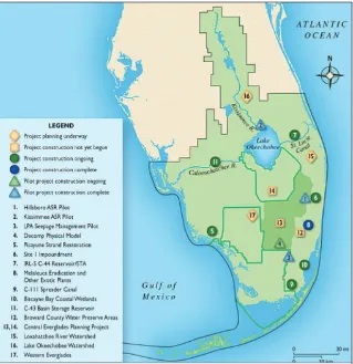 Figure 1 locations and status of early CERP projects and CERP or CERP-includes 6 pilot projects, 6 plans and studies, and over 40 projects orig-related pilot projects within the south Florida ecosystem