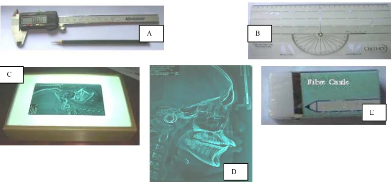 Gambar  2 : Bahan dan alat penelitian ; A.Jangka digital, pensil gambar 4 H; B.Protraktor ortodonti;   C