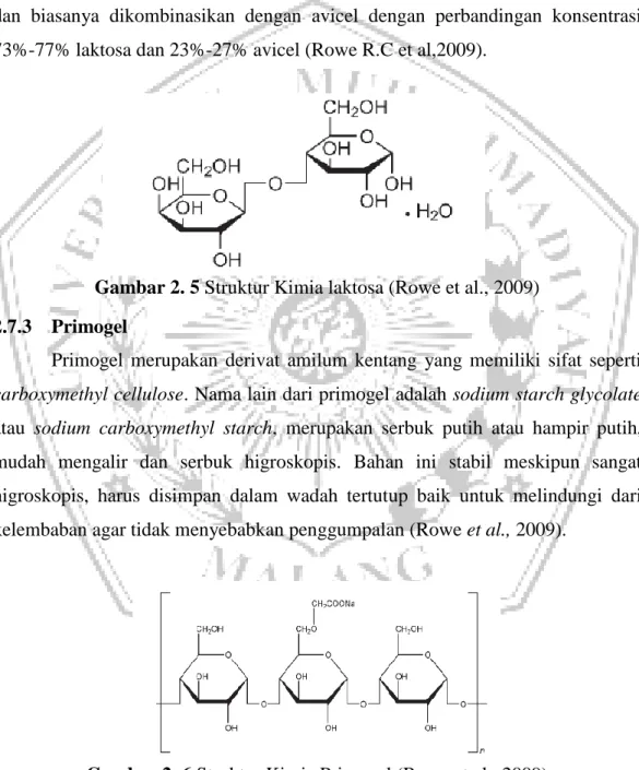 Gambar 2. 5 Struktur Kimia laktosa (Rowe et al., 2009)  2.7.3    Primogel 