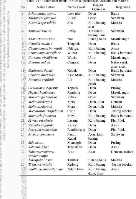 Tabel 3.13 Bahan obat batuk, influensa, pernafasan, demam dan malaria 