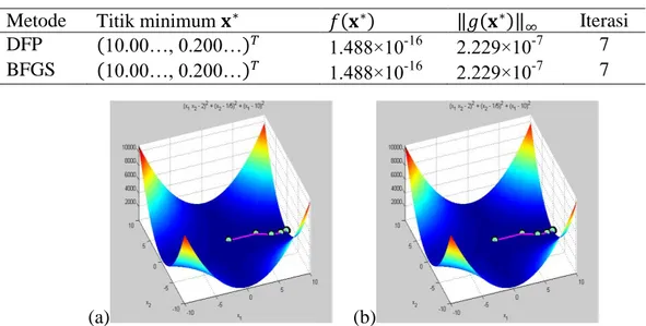 Gambar 3 Plot tiga dimensi fungsi Brown badly scaled menggunakan metode  DFP (a) dan BFGS (b) 