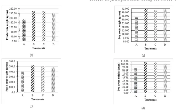 Figure 3. Sweet corn Fresh roots weight (a), Sweet corn Dry roots weight (b), Sweet corn Fresh crops weight (c),  and Sweet corn Dry crops weight (d)