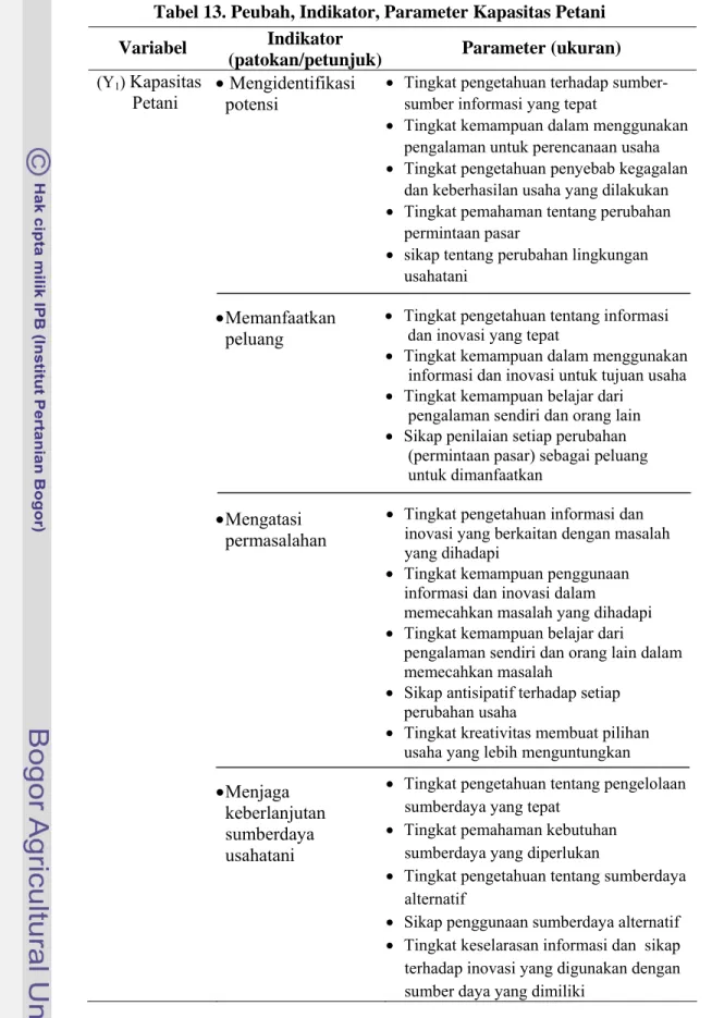 Tabel 13. Peubah, Indikator, Parameter Kapasitas Petani 