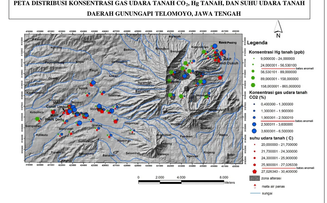 Gambar 3. Peta distribusi konsentrasi gas udara tanah CO 2, Hg tanah, dan suhu udara tanah daerah Gunungapi Telomoyo, Jawa TengahDAERAH GUNUNGAPI TELOMOYO, JAWA TENGAH