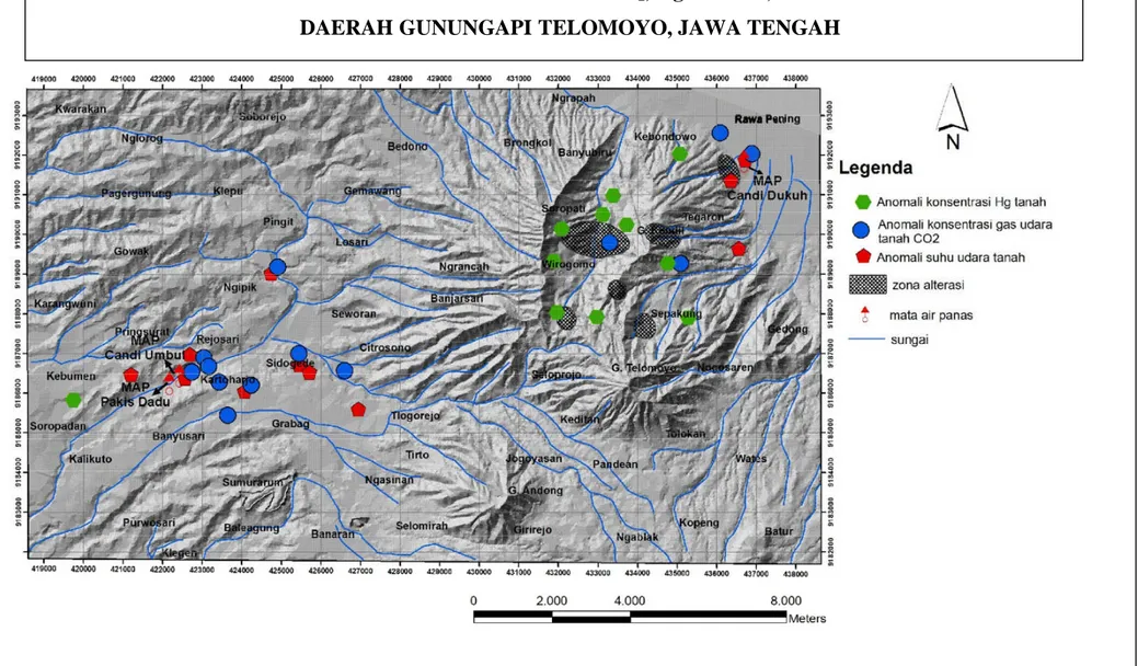 Gambar 4. Peta anomali konsentrasi gas udara tanah CO 2, Hg tanah, dan suhu udara tanah daerah Gunungapi Telomoyo, Jawa TengahDAERAH GUNUNGAPI TELOMOYO, JAWA TENGAH