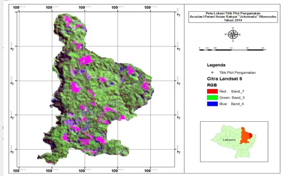 Gambar 1 Peta lokasi titik plot pengamatan lapang di APHR Wonosobo  Berdasarkan peta lokasi pada Gambar 1, warna citra yang tampak di wilayah  tersebut adalah warna hijau, merah muda dan biru tua