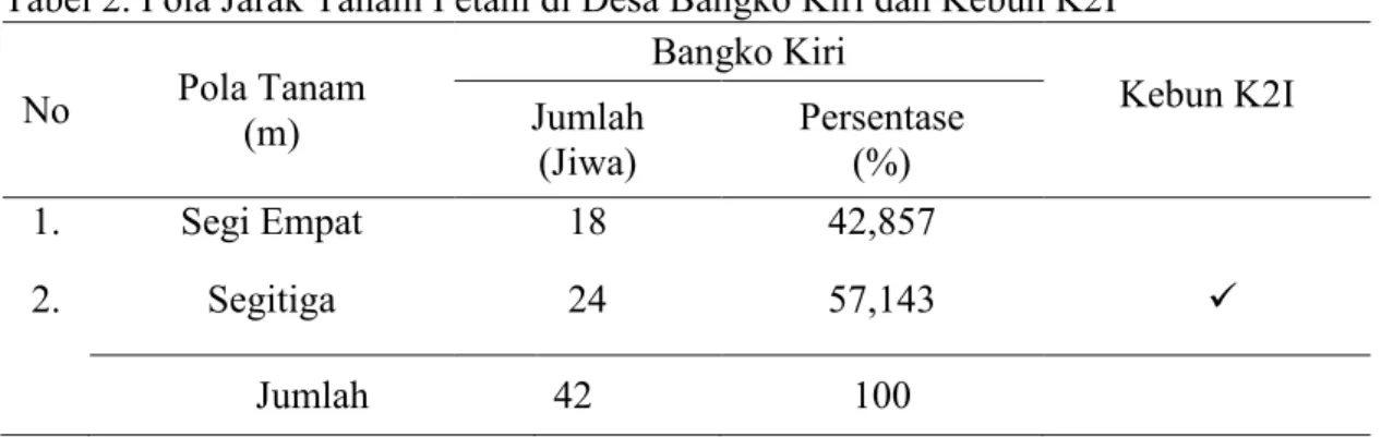 Tabel 2. Pola Jarak Tanam Petani di Desa Bangko Kiri dan Kebun K2I 