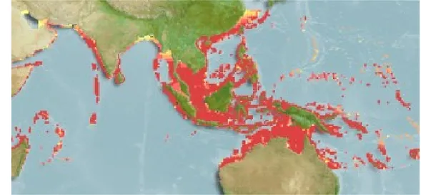 Gambar 3.  Peta sebaran ikan pepetek (Leiognathus equulus)  (www.fishbase.org 2011) 