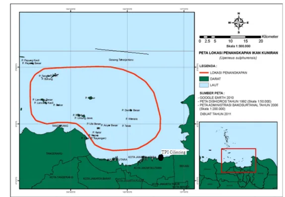 Gambar 4. Peta lokasi pengambilan contoh dan daerah penangkapan ikan kuniran di  Teluk Jakarta 