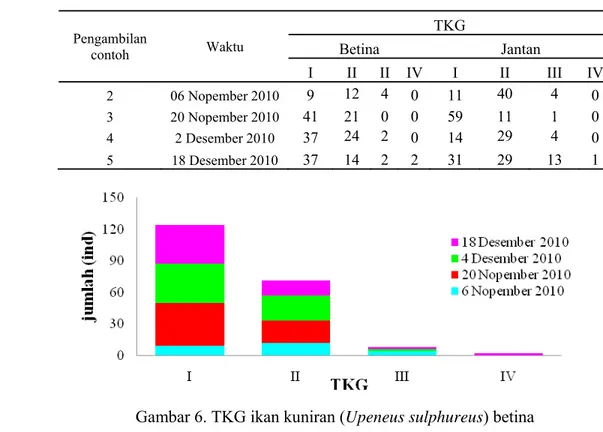 Tabel 4. Tingkat kematangan gonad ikan kuniran (Upeneus sulphureus) untuk setiap  pengambilan contoh di Teluk Jakarta 