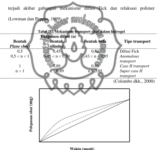 Tabel III. Mekanisme transport obat dalam hidrogel  Eksponen difusi (n)  Tipe transport Bentuk  Plane sheet  Bentuk silinder  Bentuk bola  0,5  0,45  0,43  Difusi Fick  0,5 &lt; n &lt; 1  0,45 &lt; n &lt; 0,89  0,43 &lt; n &lt; 0,85  Anomalous  transport  