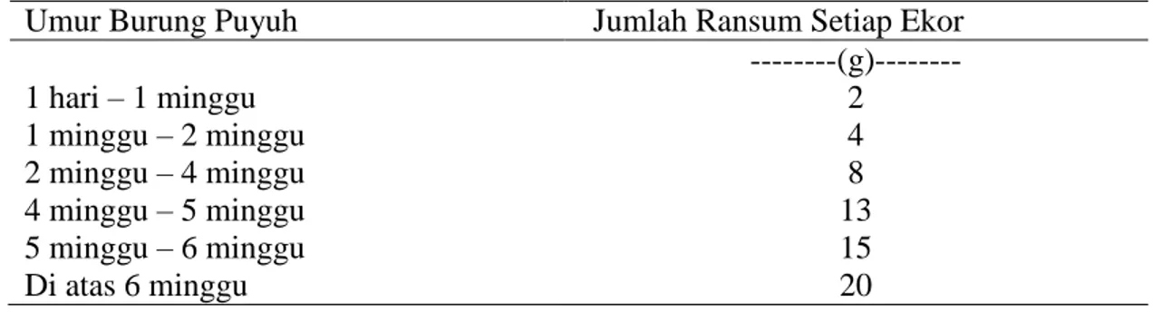 Tabel  1.  Konsumsi  Ransum  Burung  Puyuh  berdasarkan  Umur  (Listyowati  dan  Roospitasari, 2005) 