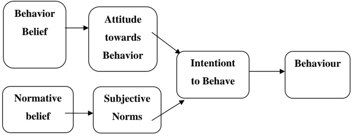 Gambar 2.4Model TRA  Sumber : Fishbein dan Azjen 1980 Behavior Belief Attitude towards Behavior  Behaviour Normative belief Subjective Norms Intentiont to Behave 