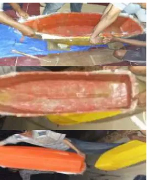 Gambar 12. Proses pencabutan produk hull  perahu cadik skala kecil dari moulded  Luaran yang Dicapai 