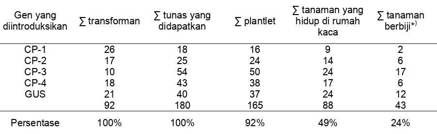 Tabel 2. Perkembangan jumlah  individu dari transforman sampai diperoleh biji N. benthamiana hasil introduksi gen                       