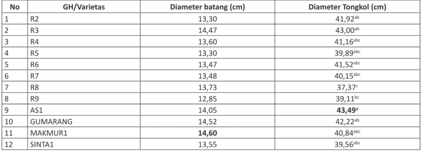 Tabel 4. Nilai Tengah Gabungan Karakter Diameter Batang dan Tongkol Galur Harapan dan Varietas Jagung 