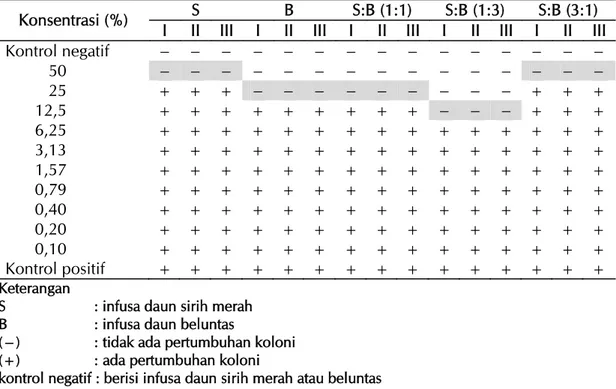 Tabel 1.  Hasil pengujian antijamur infusa daun sirih merah (S), daun beluntas (B), dan kombinasi keduanya  (S:B) terhadap jamur Pityrosporum ovale