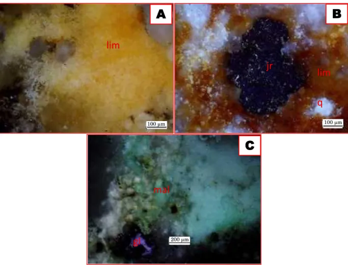 Gambar 2. Fotomikrograf yang memperlihatkan mineral (A). limonit sebagai hasil ubahan  dari mineral sulfide yang mengandung besi; (B)