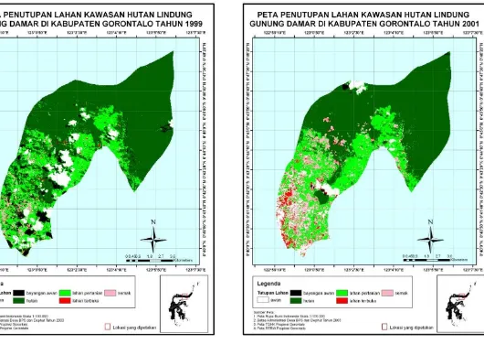 Gambar 7. Peta perubahan tutupan hutan di kawasan HLGD di wilayah Kabupaten Gorontalo tahun 1999 dan 2001 