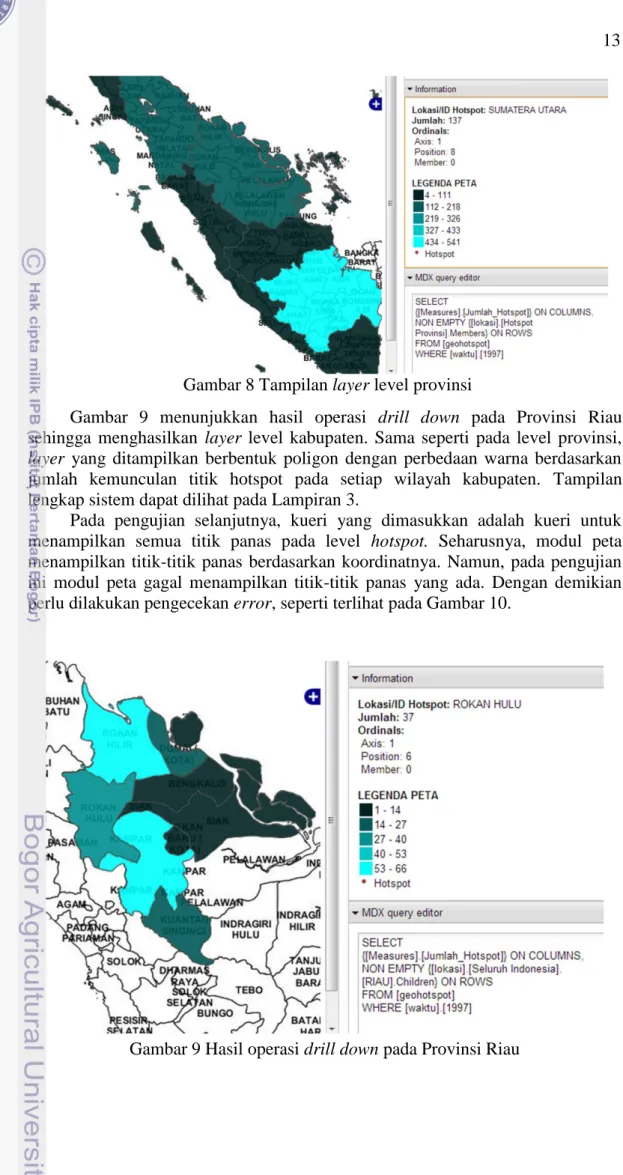 Gambar  9  menunjukkan  hasil  operasi  drill  down  pada  Provinsi  Riau  sehingga  menghasilkan  layer  level  kabupaten