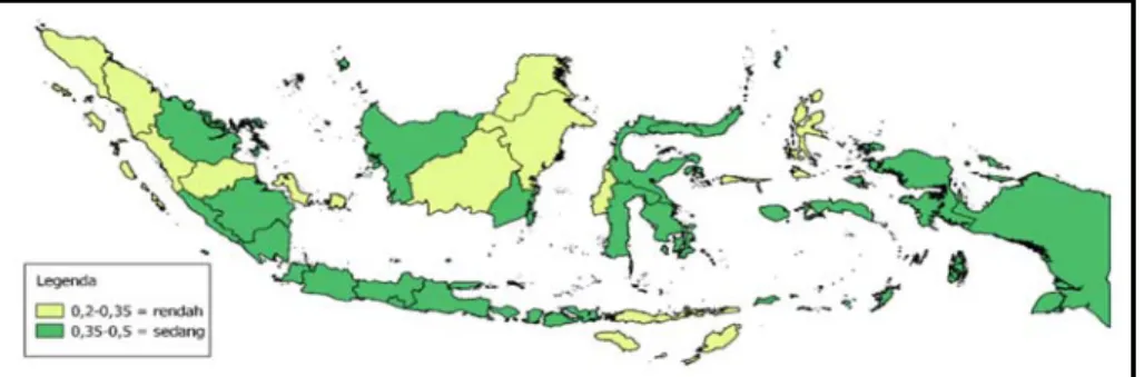 Gambar  2.  Persebaran  ketimpangan  pendapatan  33  provinsi  di  Indonesia  berdasarkan rata rata nilai koefisien gini tahun 2012-2017