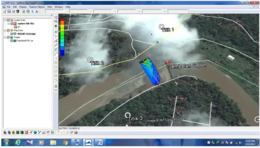 Gambar 5.6 Hasil Crossing yang dimasukkan dalam hasil potretan Google Earth  Hilir Jembatan Sapon 